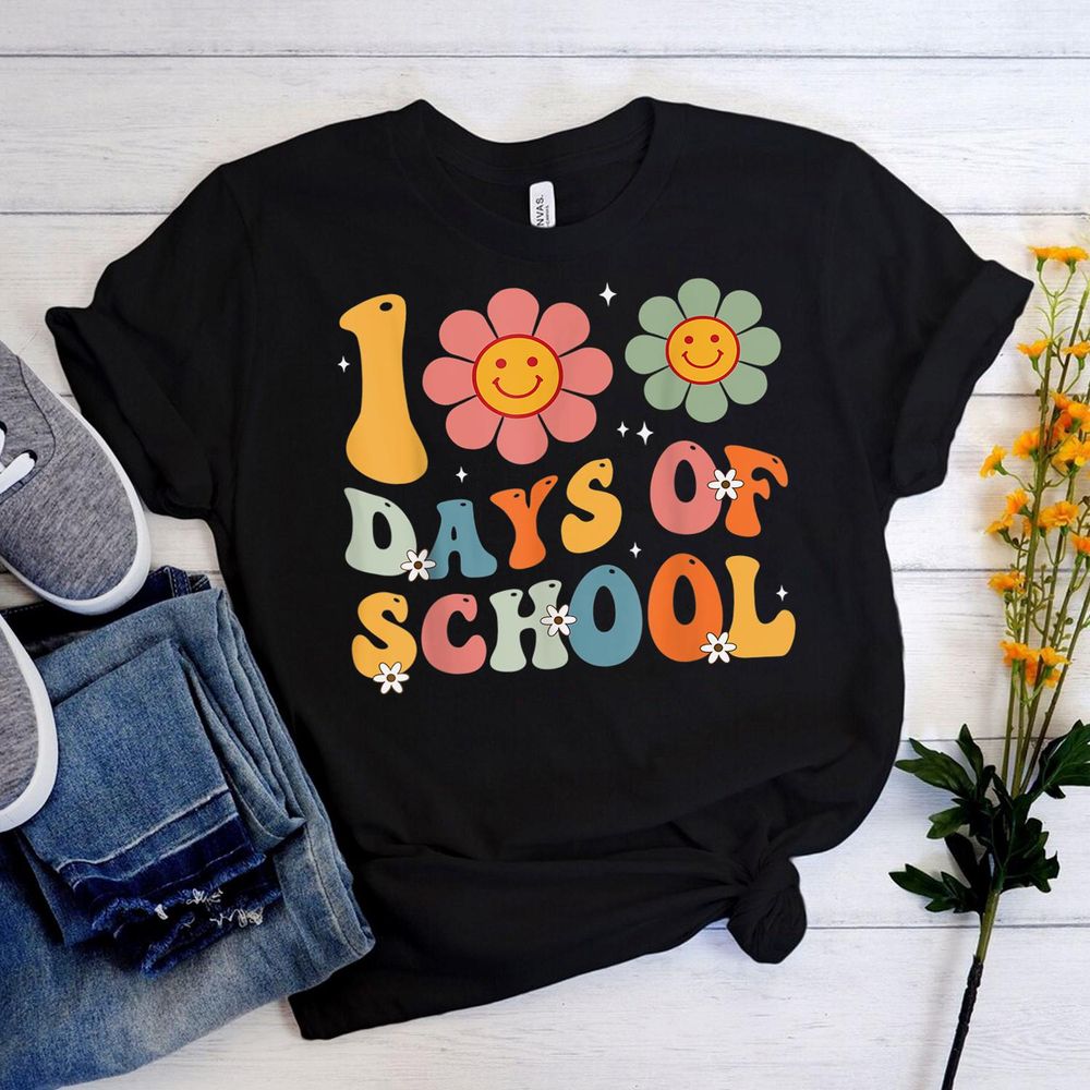 Teacher Kids Retro Groovy 100 Days Happy 100th Day Of School Shirt Unisex Standard T-Shirt black s