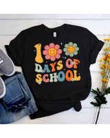 Teacher Kids Retro Groovy 100 Days Happy 100th Day Of School Shirt Unisex Standard T-Shirt black s